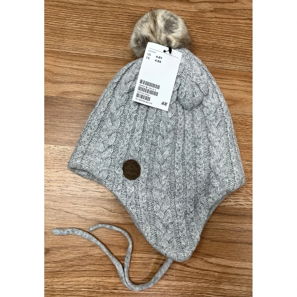 H&M Little Girls Winter Beanie Hat with Pom Pom Grey Size 4-8 Years NEW